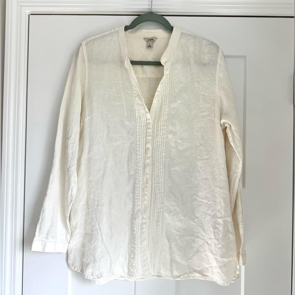 L.L. Bean 100% linen white button-down tunic shirt